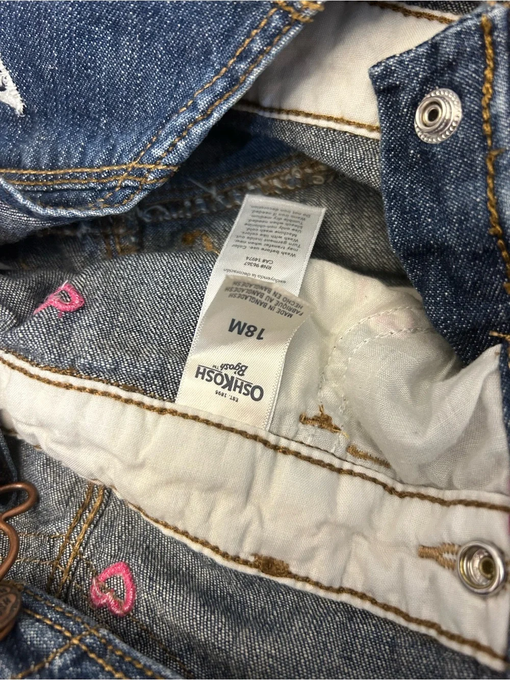 12-18M OshKosh B'gosh Girls' Blue Denim Overalls with Pink Heart Embroidery